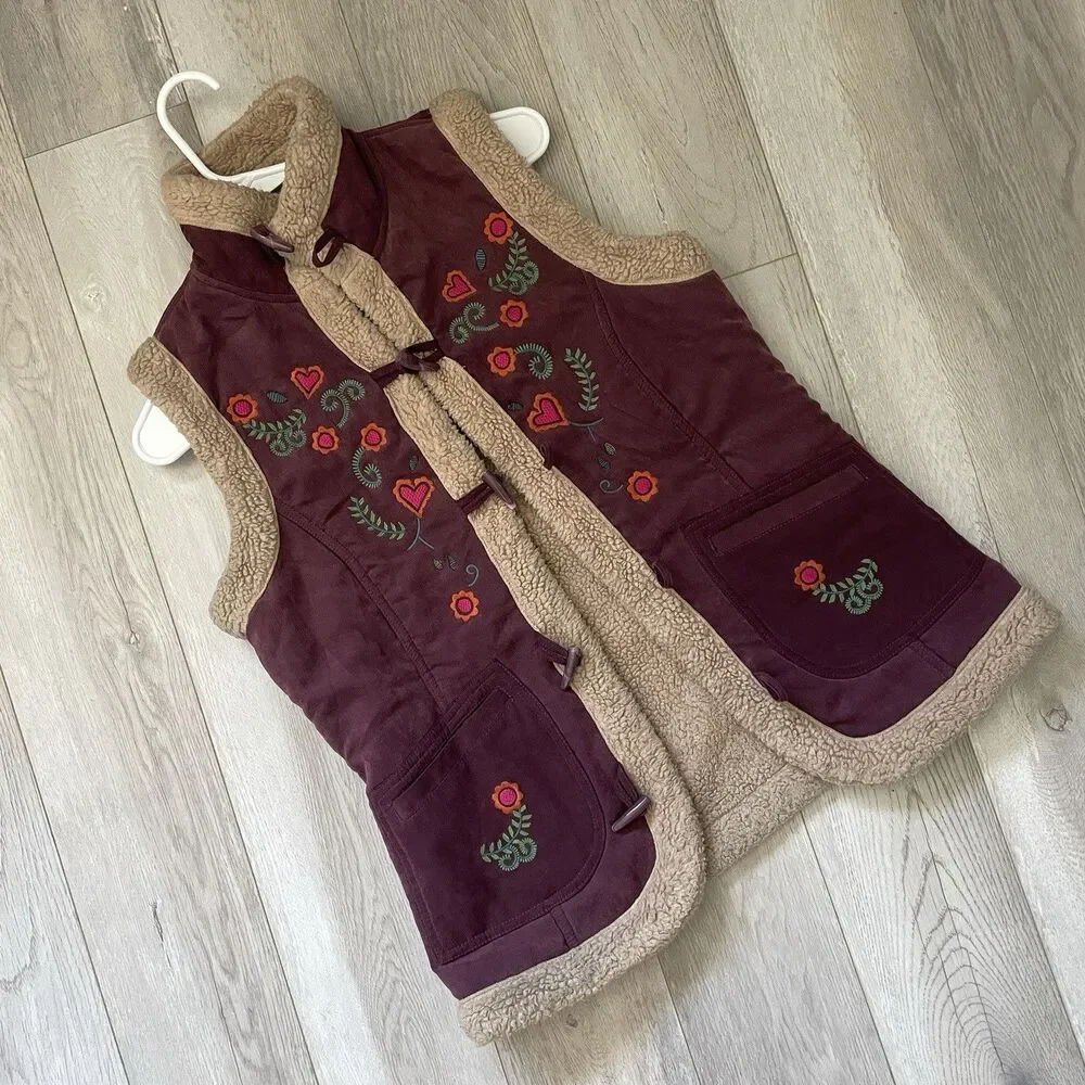 Vintage Embroidered Vest shearling trim womens Purple large boho folk penny lane